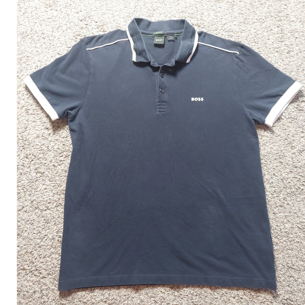 BOSS Polo Shirt Mens XL Navy Blue Regular Fit Short Sleeve Tipped Pique Logo